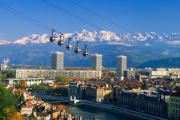 Grenoble cable car Famous eggs of Grenoble. This cable car brings you up to "La Bastille". isere river photos stock pictures, royalty-free photos & images