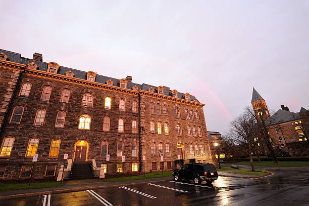 University Campus with Rainbow Campus of Cornell University after rainstorm, Ithaca, New York, USA cornell university stock pictures, royalty-free photos & images