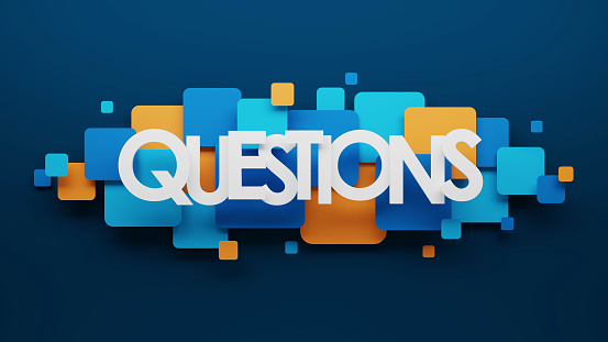 3D render of QUESTIONS with blue and orange squares on dark blue background
