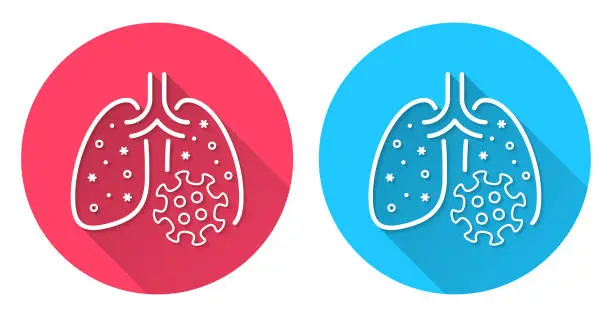 Vector illustration of Lungs infected with Coronavirus. Round icon with long shadow on red or blue background