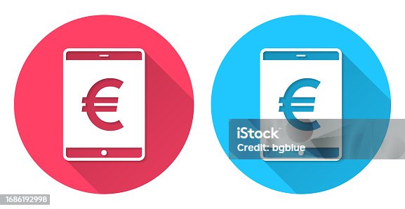 istock Tablet PC with Euro sign. Round icon with long shadow on red or blue background 1686192998