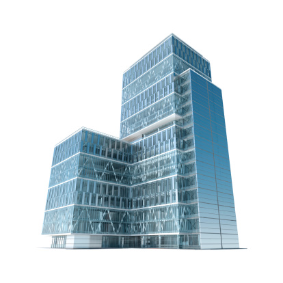 Towering and modern corporate office building, showing prosperity and success in business. Isolated on white with clipping path.
