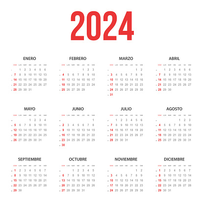 Calendar 2024 - Spanish version (versión española). Need another version, another year... Check my portfolio. Vector Illustration (EPS file, well layered and grouped). Easy to edit, manipulate, resize or colorize. Vector and Jpeg file of different sizes.