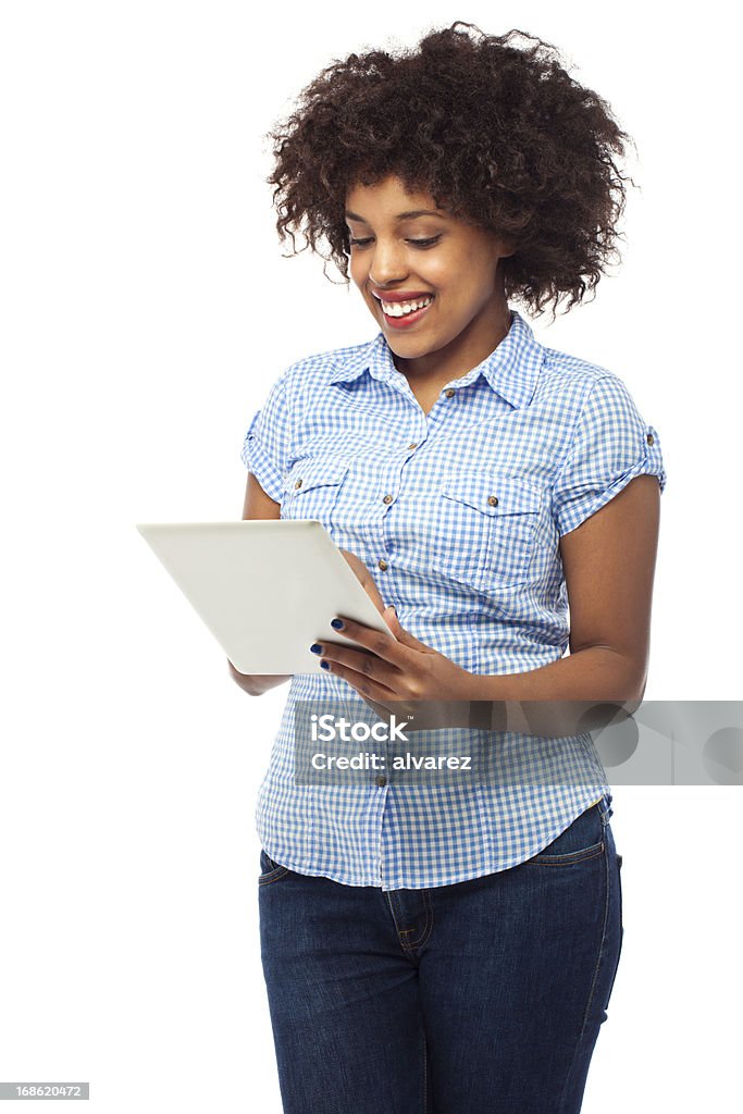 Jovem mulher brincando com tablet digital - Foto de stock de Mesa digital royalty-free