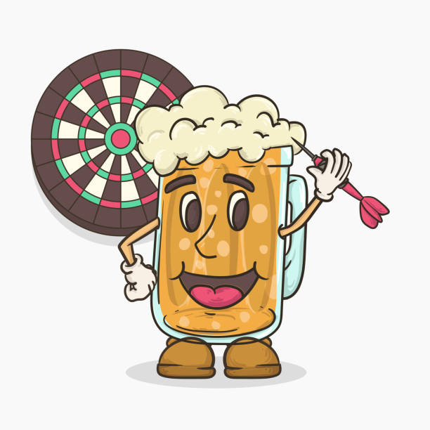 illustrazioni stock, clip art, cartoni animati e icone di tendenza di bicchiere di birra con la mascotte della faccia che gioca l'illustrazione vettoriale del gioco delle freccette - dartboard target pub sport