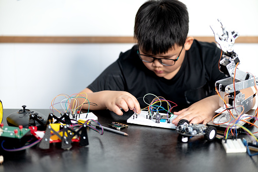 Circuit Computer Fun Boy Having Fun Connecting Electronic Circuit Board Stock Photo ...