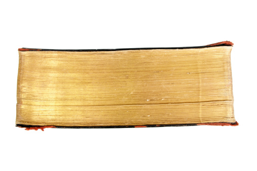 Edge view of old book with gilded page edges.