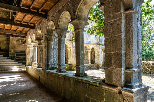 Nogueira, Spain - Jul 04, 2023: The romanesque gothic monastery of Santo Estevo de Ribas de Sil, now a National Parador at Nogueira de Ramuin, Galicia in Spain