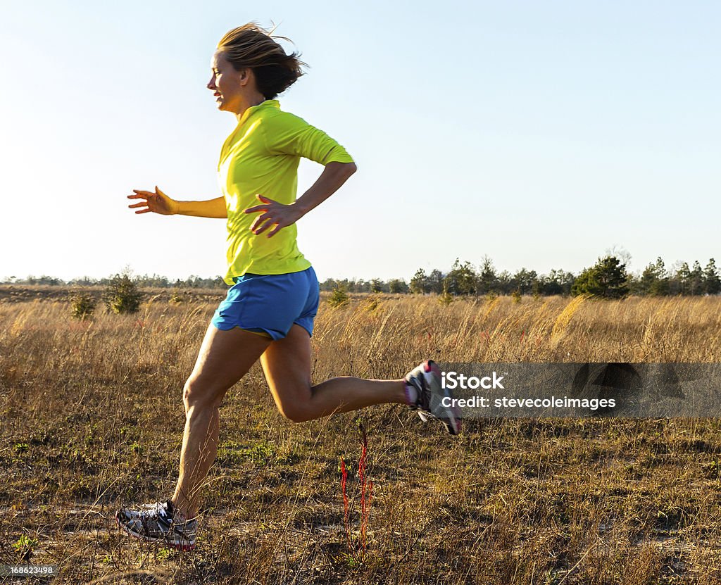 Woman Jogging A woman jogging on a path in a field. Jogging Stock Photo