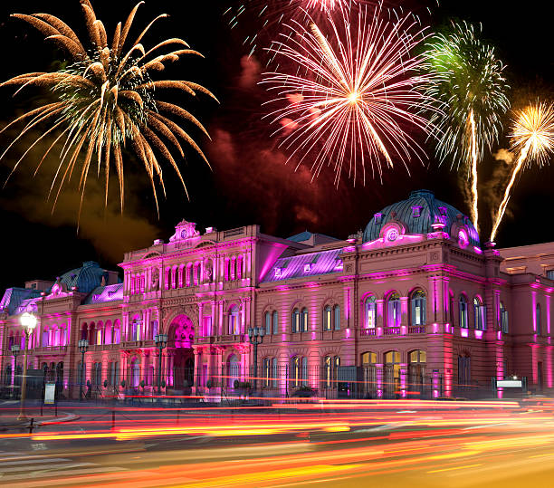 Argentina Buenos Aires Casa Rosada at night with fireworks stock photo