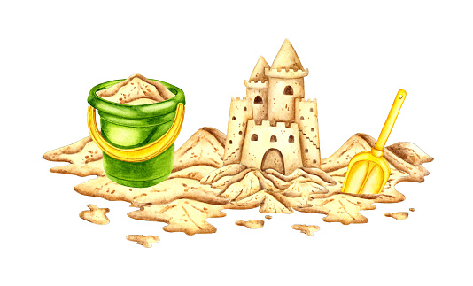 Watercolor illustration of a sand castle, pail and scoop. A sign of fun, joy, childhood, relaxation. Tropical marine clipart. Sandy surface for creating compositions for decorating souvenirs, postcards, posters,