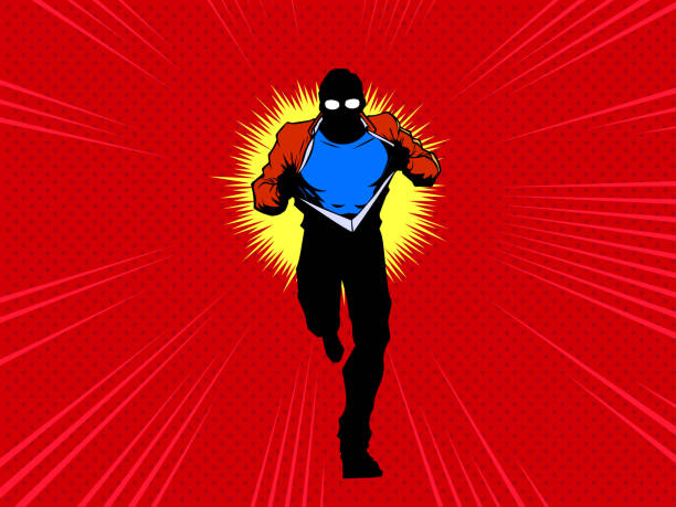 ilustrações de stock, clip art, desenhos animados e ícones de vector pop art superhero silhouette changing while running stock illustration - change superhero necktie strength