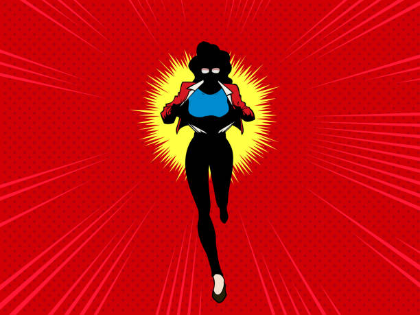 ilustraciones, imágenes clip art, dibujos animados e iconos de stock de vector pop art female superhero silhouette changing while running stock illustration - change superhero necktie strength