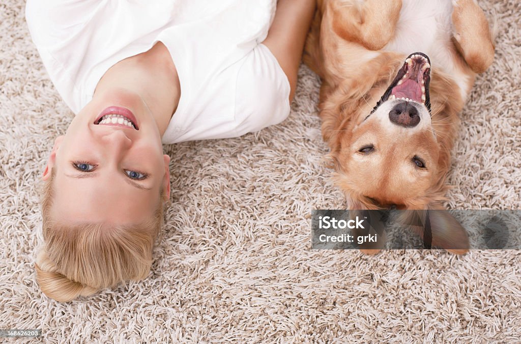 Disfruta de la alfombra con perros. - Foto de stock de Mujeres libre de derechos