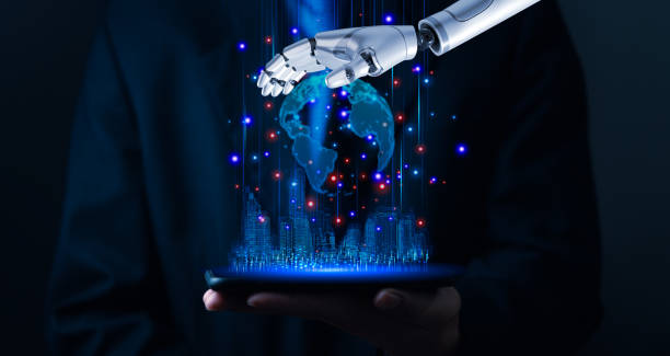istock Artificial Intelligence Shaping the Urban Smart City Connectivity Global Mobile Internet .Hand holding smart phone and robotic concept technology. 1686264627