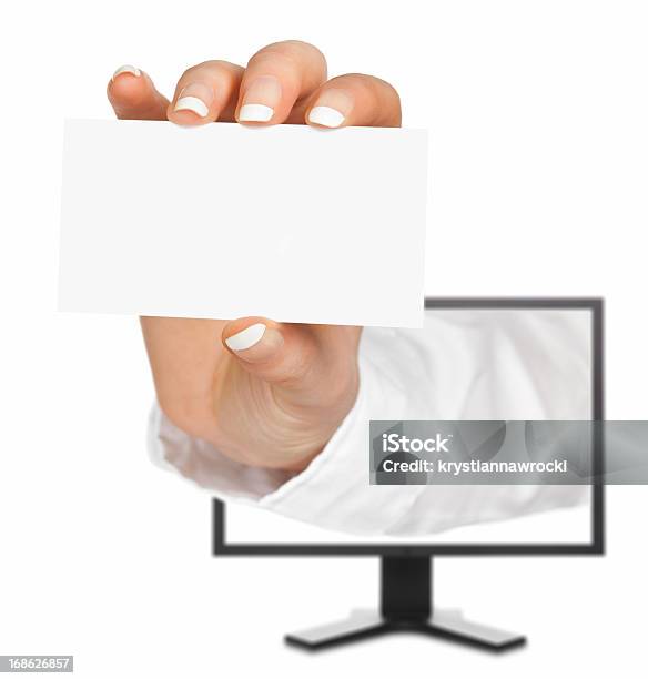 空白の名刺を手に艶やかなモニタ画面から - グリーティングカードのストックフォトや画像を多数ご用意 - グリーティングカード, 見せる, カットアウト