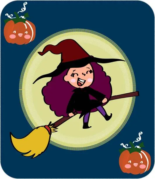 Vector illustration of Witch flying on broomstick against full moon light, wizard wearing costume. Halloween holiday celebration, fantasy and magic on all hallows eve in autumn season. Cartoon vector