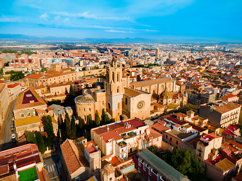 Cathedral of Tarragona aerial panoramic view. It is a Roman Catholic church in Tarragona city, Catalonia region in Spain.