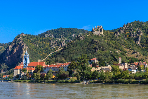 Dürnstein seen during a cruise on the Danube. This very picturesque small town on the Danube river is famous for having been the place of imprisonment of the King of England Richard the Lion-heart, imprisoned in the castle whose ruins are visible in the photo above right. The town in the Lower Austria state is also one of the most visited tourist destinations of the Wachau, a region well-known for its wine growing area along the Danube river and inscribed in the UNESCO List of World Heritage Sites since December 2000.