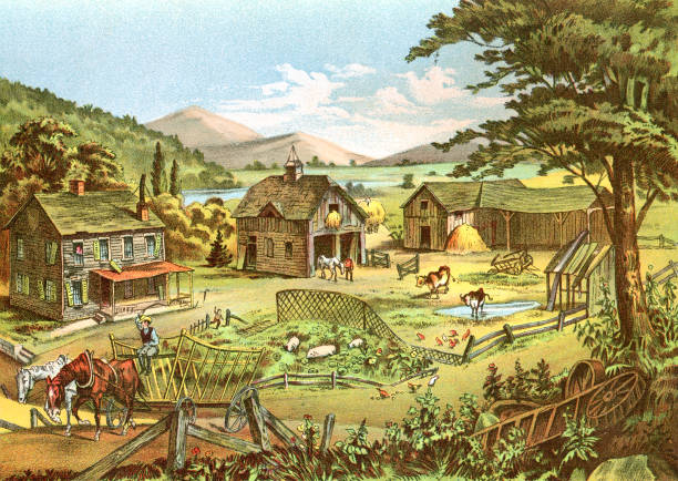 Woodland Home Ten Years Later In Hands Of Farmer Slack, a chromo lithograph by Woodward & Teirnan, St Louis. In Cyclopedia of Live Stock 1884.