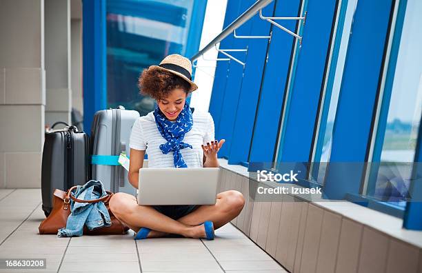 Waiting For The Plane Stock Photo - Download Image Now - Laptop, Airport, Suitcase