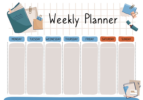 A weekly diary for a student. Weekly, wish list, to-do list in cartoon flat style with a book. A set of digital prints.