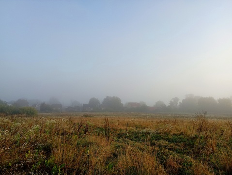 A picturesque Ukrainian village is shrouded in thick autumn fog at dawn. The morning fog settles over the village.