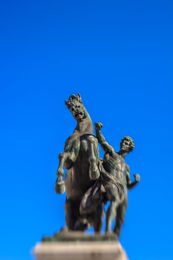 Bronze statue of a horse tamer, located at a lower end of the Parliament Building of Vienna. This and three other similar sculptures were designed and executed by J. Lax in the Kaiserlich Königliche Kunst-Erzgießerei between 1897 and 1900. 