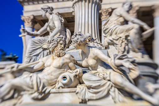 Rome, Italy - 27 November, 2022: close-up view of the sculptures of the Fountain of the Four Rivers at the Piazza di Navona Square in downtown Rome
