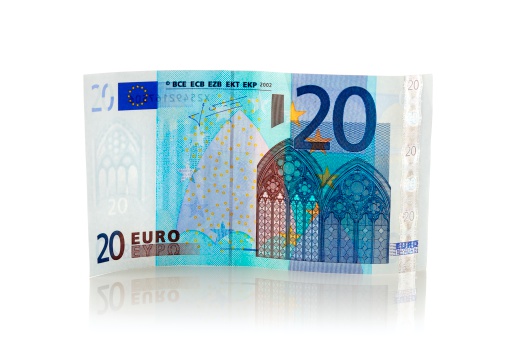 Standing twenty euro note on white