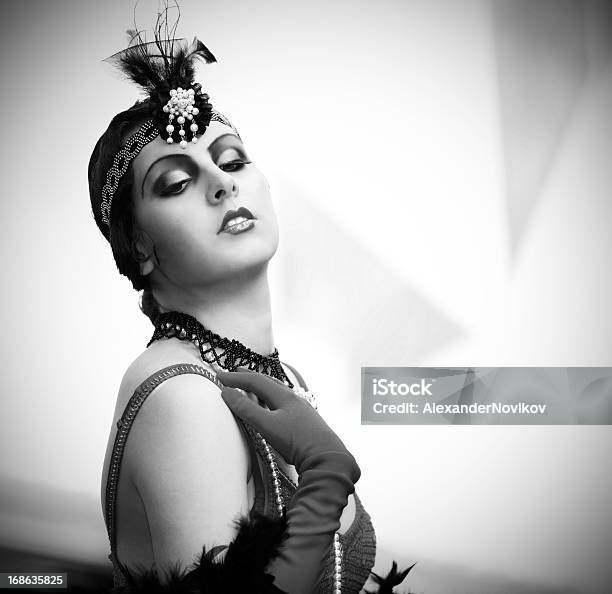 Black And White Portrait Of A Woman From 1920s Stock Photo - Download Image Now - Flapper Style, 1920-1929, Period Costume