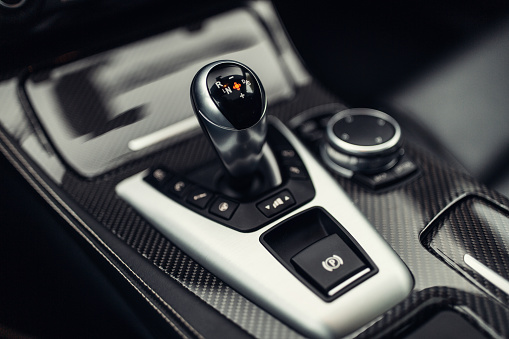 Modern car automatic gearbox shift handle and carbon panel