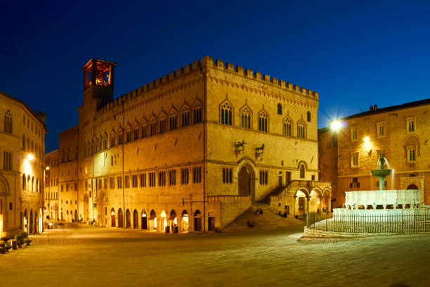 Perugia, Piazza IV Novembre at dusk. Umbria, Italy.