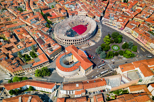 Verona Arena aerial panoramic view. Arena is a Roman amphitheatre in Piazza Bra square in Verona, Italy