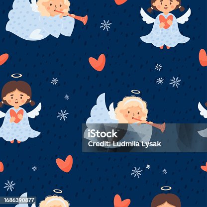 istock Christmas kids seamless pattern. Cute angel girls with trumpet and heart on blue background with snowflakes. Vector illustration in cartoon style. Cute Xmas kids collection. 1686390877