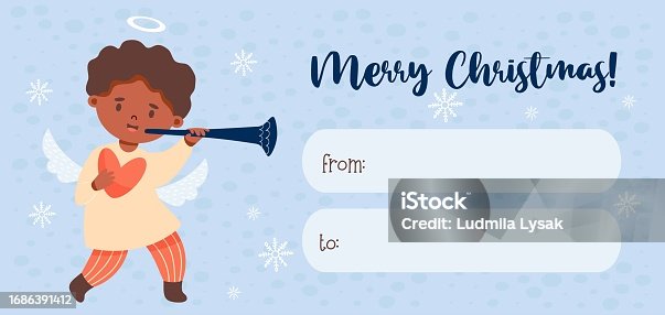 istock Merry Christmas gift card tag. Little cartoon angel ethnic black boy with trumpet. Xmas horizontal postcard. Vector illustration. Cute new year kids collection. 1686391412