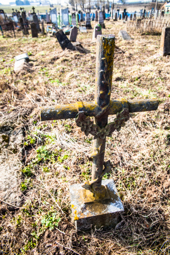 Old cemetery with a destroyed catholic church. Novie Novoselki town, Belarus, Europe