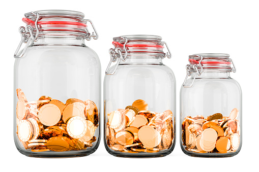Glass jars with growing amount of gold coins. Savings and profit, concept. 3D rendering isolated on white background