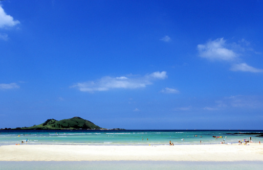 South Korea, Jeju Island, north coast, Hyeop-jae beach and Bi-yang island.
