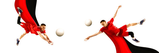istock Competitive young man, volleyball player training, playing over white background with abstract element. Contemporary art collage. 1686421898