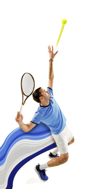 istock Sportive man playing tennis isolated on white background with abstract design element. Serving ball. Contemporary art collage. 1686421904