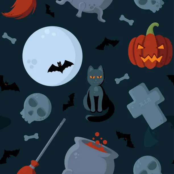 Vector illustration of Halloween Vector Seamless Pattern With Jack O'Lantern, Moon and Bats, Grave, Skulls and Bones; Witch Cauldron and Broom, Black Cat. Perfect Print for Wrapping Paper, Packing, Textile, etc.