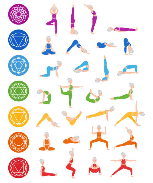 Set of poses elderly woman yoga. Chakra Yoga asana. Chakra systems of human body. Healthy lifestyle. Flat cartoon character. Vector illustration Set of poses elderly woman yoga. Chakra Yoga asana. Chakra systems of human body. Healthy lifestyle. Flat cartoon character. Vector chakra stock illustrations