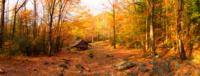 Cabin in the Great Smoky Mountains National Park during Fall.