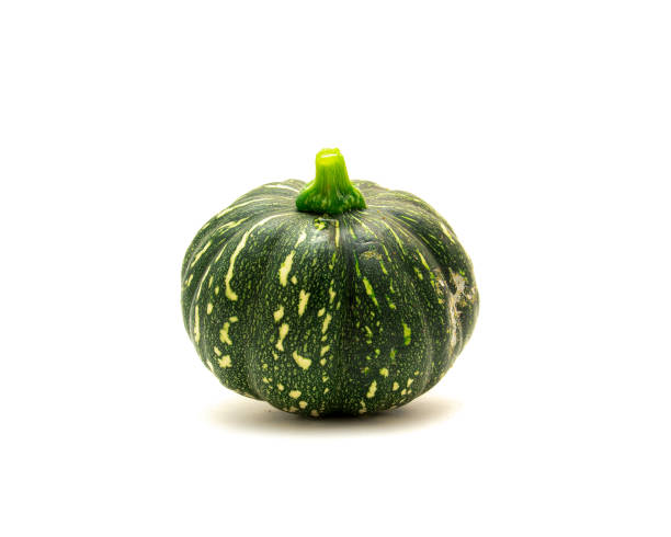 istock Side view fresh harvest baby winter squash, round eight ball gourd faint vertical ridges, speckled green striping, yellow mottling isolated on white background 1686467310