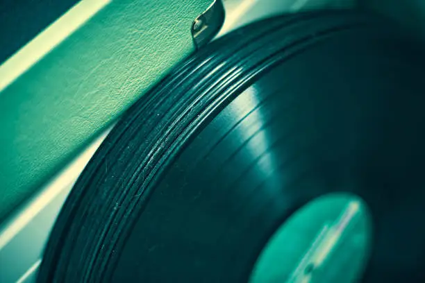 Close up of vinyl records collection, Selective focus