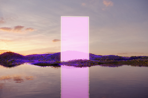 Open glowing portal to the metaverse nature. (3d render)