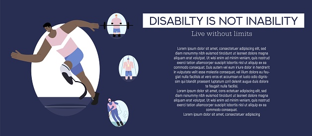 Vector illustration, banner, depicting people with disabilities.A person with disabilities goes in for sports