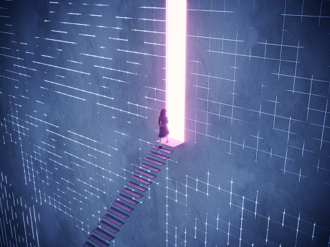 An abstract staircase and a glowing portal, woman going into the portal. (3d render)
