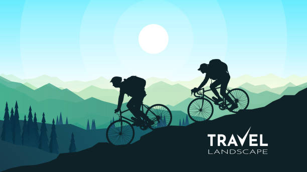 A couple of cyclists go down a mountain road against the background of a forest. Downhill. Mountain bike. Travel concept of discovering. Cycling. Adventure tourism. Minimalist vector illustration. A couple of cyclists go down a mountain road against the background of a forest. Downhill. Mountain bike. Travel concept of discovering. Cycling. Adventure tourism. Minimalist vector illustration. cycle racing stock illustrations